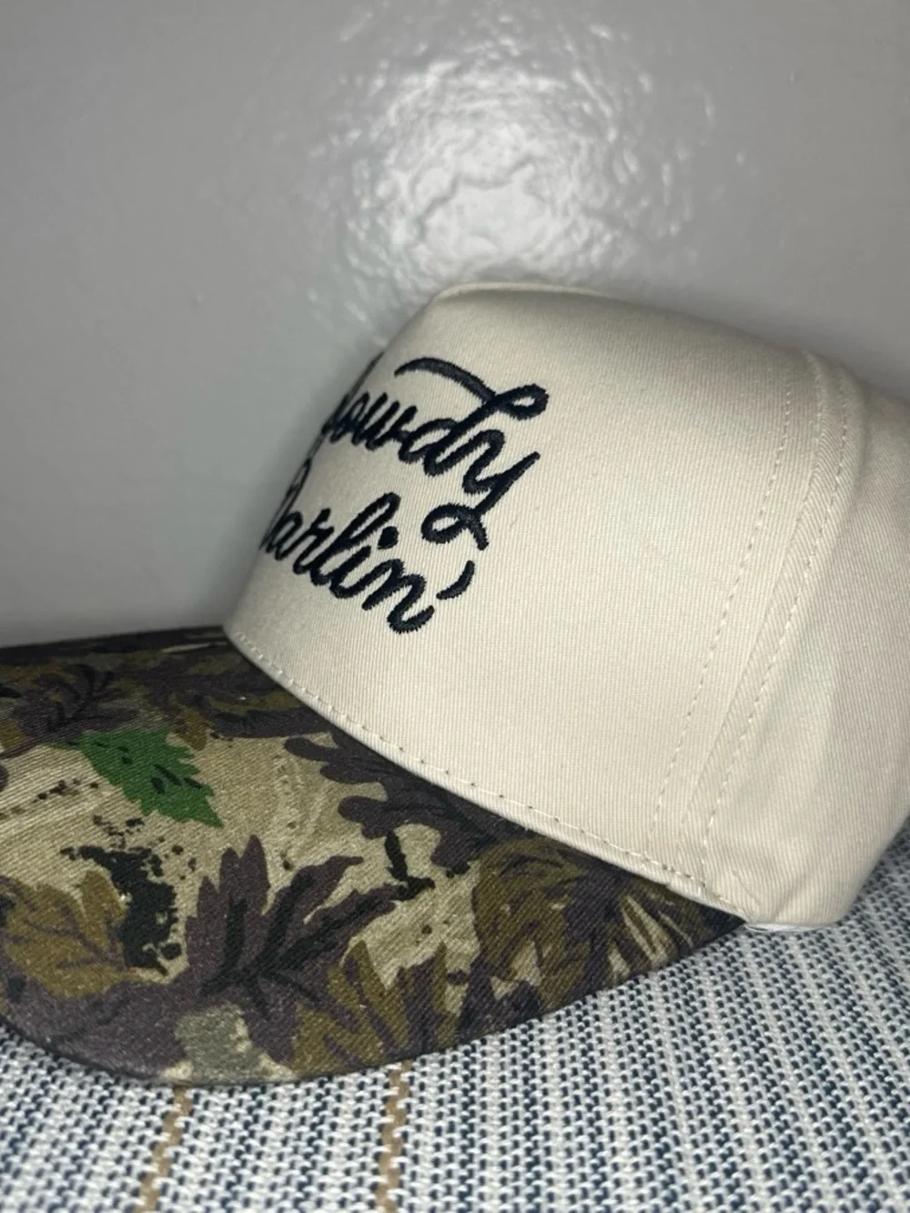 Howdy Darlin' Beige Trucker Hat with Camo Bill